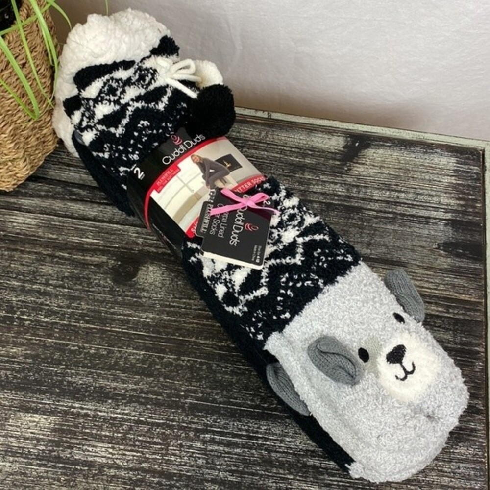 Cuddl Duds 2 Pair Black & White Sherpa Lined Critter Socks NEW 4-10